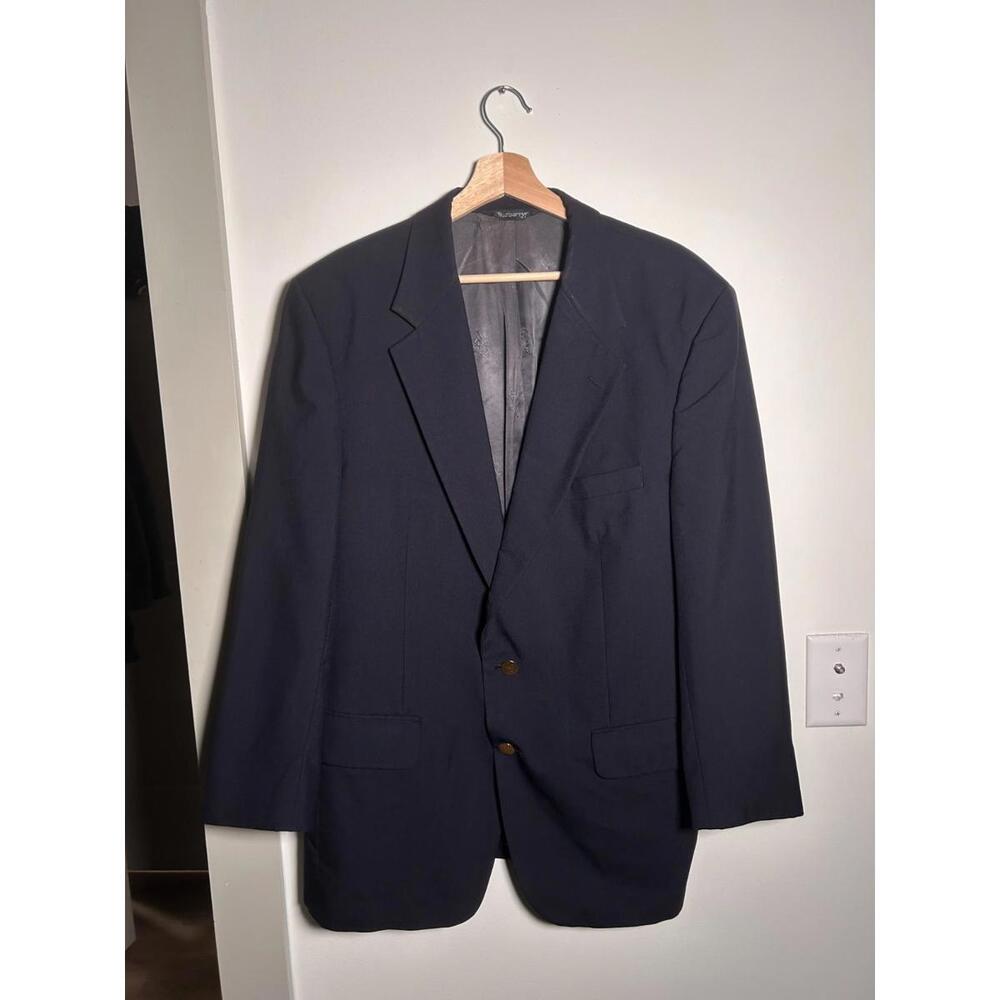 Burberrys Navy Blue Wool Blazer Sport Coat Gold Buttons Menswear Classic
